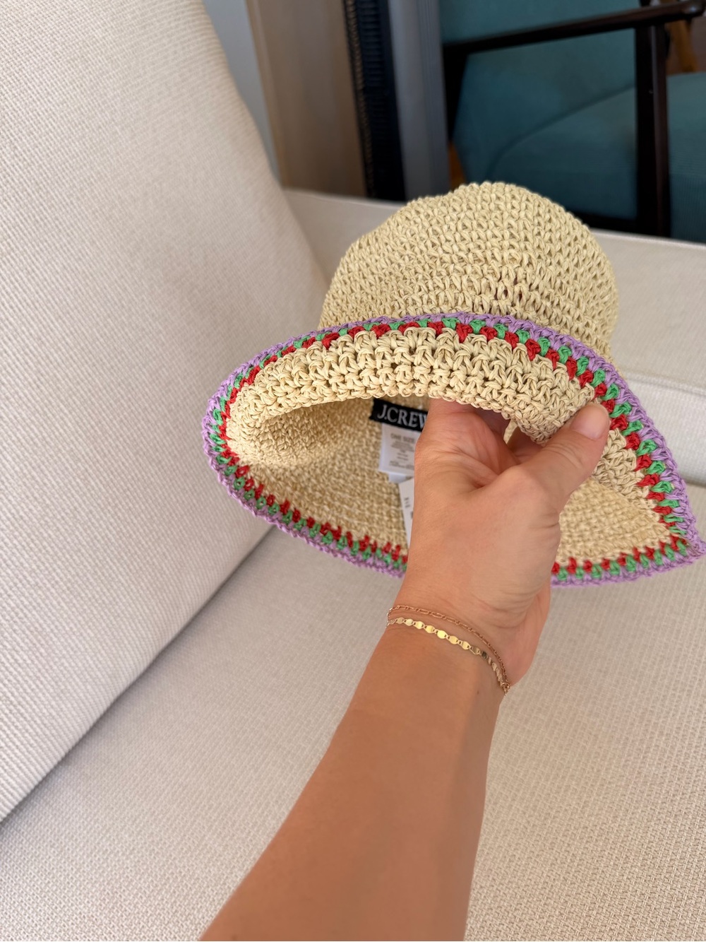 J. Crew Natural Straw Sun Hat with Purple, Red and Green Crochet Trim